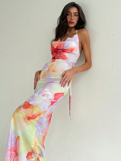 Floral Elegance: Stunning Cowl Neck Backless Dress