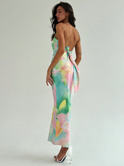 Floral Elegance: Stunning Cowl Neck Backless Dress