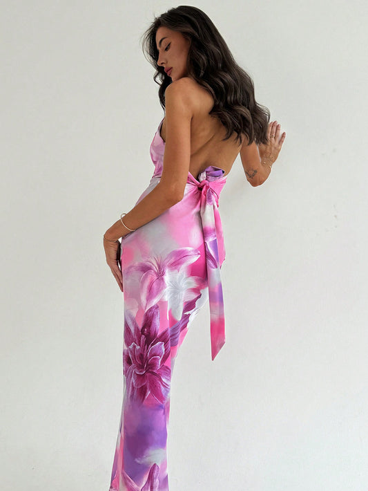 Floral Elegance: Stunning Cowl Neck Backless Dress