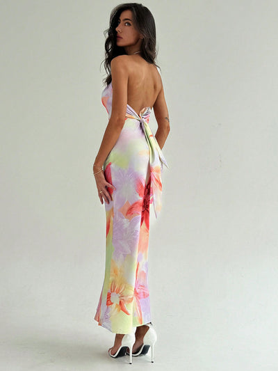 Floral Elegance: Stunning Cowl Neck Backless Dress