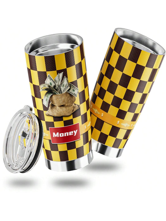 Expertly crafted with quality stainless steel, this 20oz travel mug features a unique dollar pattern and checkered design in vibrant yellow and gray. Keeps beverages hot for longer while providing a stylish and functional way to stay hydrated on the go. Ditch single-use cups and make a statement with this environmentally friendly tumbler.