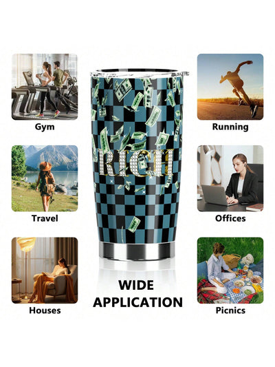 Checkered Stainless Steel Tumbler: RICH Print Double Wall Vacuum Insulated Travel Mug - Blue and Black