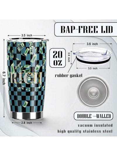 Checkered Stainless Steel Tumbler: RICH Print Double Wall Vacuum Insulated Travel Mug - Blue and Black