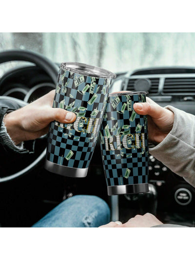 Checkered Stainless Steel Tumbler: RICH Print Double Wall Vacuum Insulated Travel Mug - Blue and Black