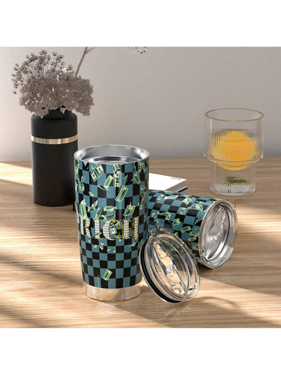 Checkered Stainless Steel Tumbler: RICH Print Double Wall Vacuum Insulated Travel Mug - Blue and Black