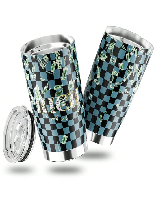 Checkered Stainless Steel Tumbler: RICH Print Double Wall Vacuum Insulated Travel Mug - Blue and Black