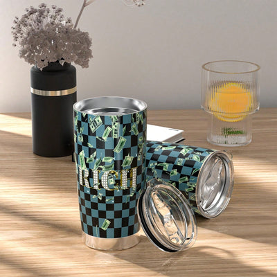 Checkered Stainless Steel Tumbler: RICH Print Double Wall Vacuum Insulated Travel Mug - Blue and Black