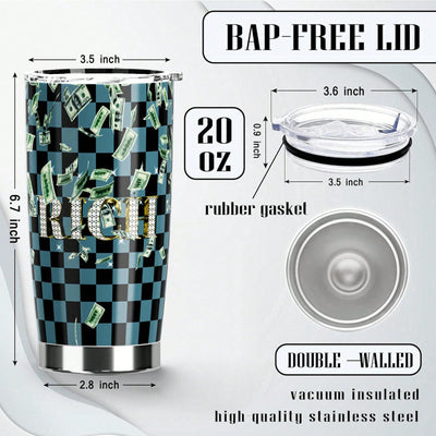 Checkered Stainless Steel Tumbler: RICH Print Double Wall Vacuum Insulated Travel Mug - Blue and Black