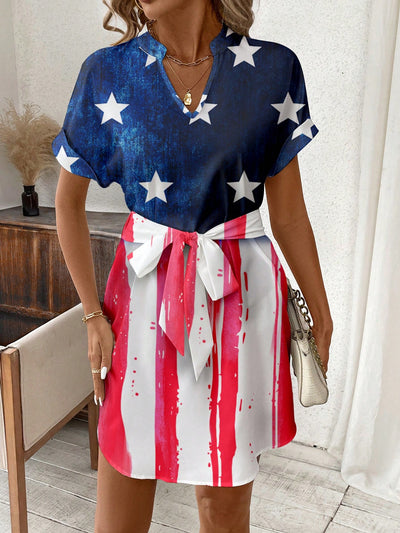 Show off your patriotic style with our stylish and unique Independence dress. This dress features a bold flag print and flattering short sleeves. Made with high-quality materials, you can confidently wear this dress for any occasion. Perfect for showing off your independence and love for your country.