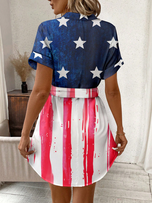 Stylish Independence: Women's Flag Print Short Sleeve Dress