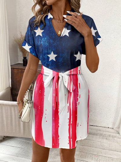 Stylish Independence: Women's Flag Print Short Sleeve Dress