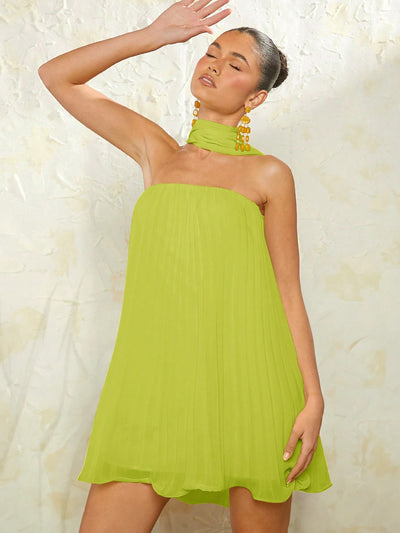 Elegant Haute Neck Tie Pleated Dress - Perfect for Any Occasion