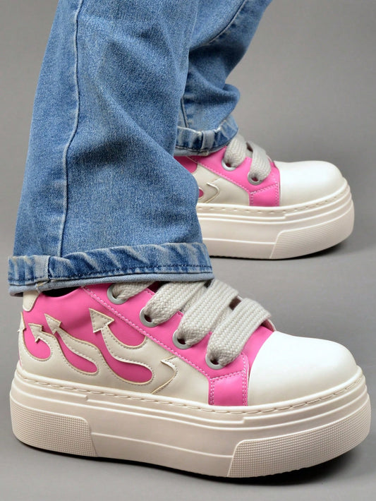 Elevate your style with the Wave of Style Flame Pink Platform Heeled Sneakers. These sneakers feature a trendy platform heel and eye-catching embroidery detail, making them the perfect statement piece for any outfit. With its comfortable design and bold aesthetic, you'll be sure to make a statement wherever you go.