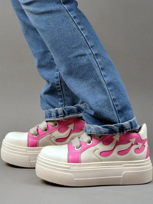 Wave of Style: Flame Pink Platform Heeled Sneakers with Embroidery Detail