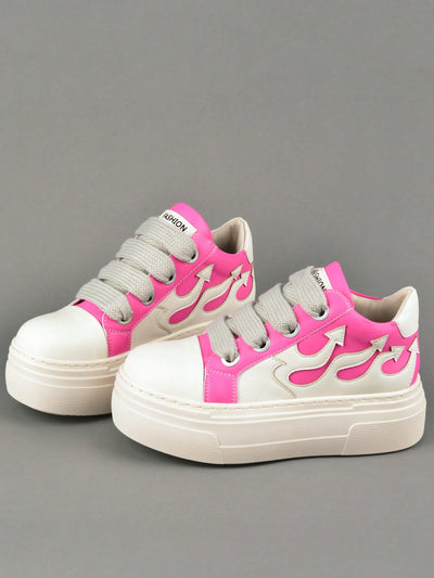 Wave of Style: Flame Pink Platform Heeled Sneakers with Embroidery Detail