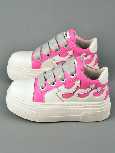 Wave of Style: Flame Pink Platform Heeled Sneakers with Embroidery Detail