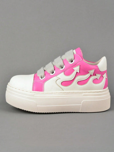 Wave of Style: Flame Pink Platform Heeled Sneakers with Embroidery Detail