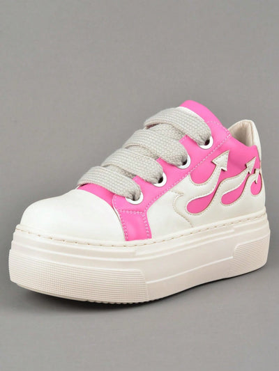 Wave of Style: Flame Pink Platform Heeled Sneakers with Embroidery Detail