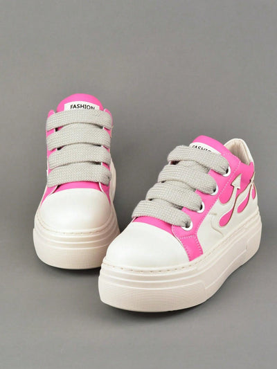 Wave of Style: Flame Pink Platform Heeled Sneakers with Embroidery Detail