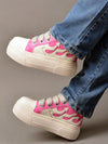 Wave of Style: Flame Pink Platform Heeled Sneakers with Embroidery Detail