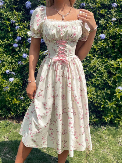 Vacation Style: Cinched Waist Puff Sleeve Lace Floral Patchwork Dress