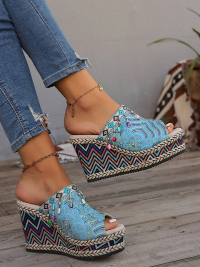 Summer 2024 Bohemian Wedge Sandals: Peep Toe, Beaded Strap, Tassel Design