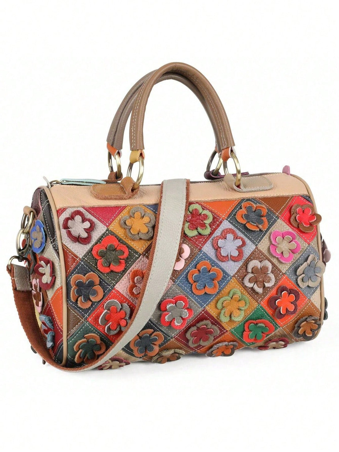 This Blooming Leather Boston Bag is a handcrafted, floral colorblock tote designed specifically for women. Made with high-quality leather, this bag boasts durability and style. With a unique combination of colors and beautiful floral accents, it's the perfect accessory for any fashion-forward woman.