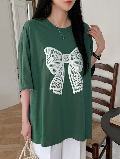 Fluttering into Summer: Women's Butterfly Printed T-Shirt with Bow Tie Decoration