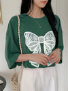 Fluttering into Summer: Women's Butterfly Printed T-Shirt with Bow Tie Decoration