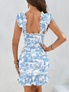 Spring Blooms Bodycon: Floral Print Knot Front Ruffle Trim Dress