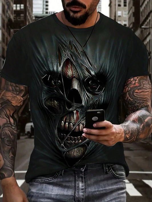 This men's round neck t-shirt, featuring an edgy skull print, will add a stylish touch to your wardrobe. Made with quality material, it provides both comfort and durability. Perfect for those who want to rock their style with confidence.