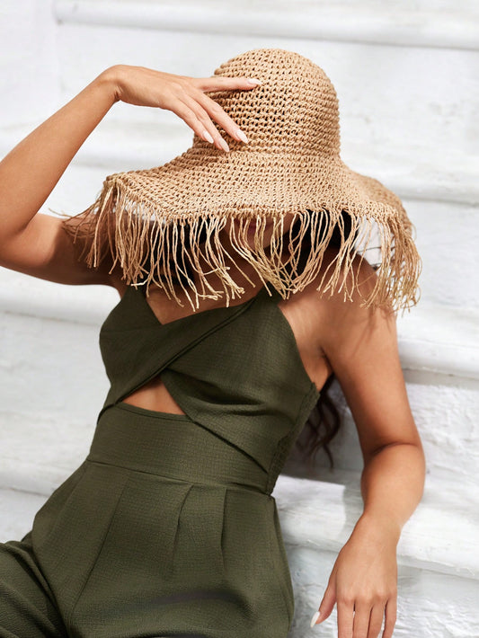 Stay Shady in Style: Women's Wide Brim Straw Hat with Tassels for Vacation, Picnic, and Beach Days