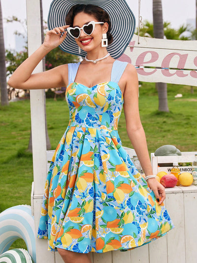 This vintage fruit print dress is the perfect addition to your spring and Easter wardrobe. Its sweetheart neckline and lightweight fabric make it the perfect choice for warm weather. Embrace the sweetness of summer with this charming and unique dress!