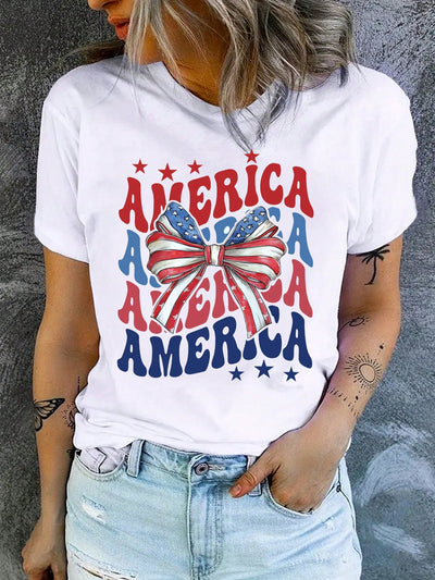 Introducing the Independence Day Chic: Women's Summer Printed Casual T-Shirt, perfect for showing off your patriotic pride and staying stylish this summer. Made from high-quality materials and featuring a unique, eye-catching print, this t-shirt is a must-have for any patriotic fashionista.