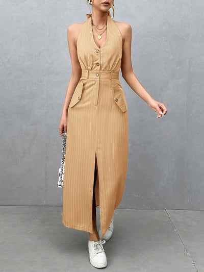 Vertical Striped Chic: Halter Neck Front Split Dress, Sexy dress