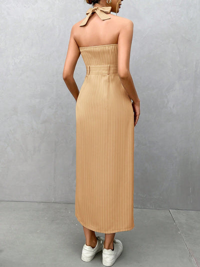 Vertical Striped Chic: Halter Neck Front Split Dress, Sexy dress