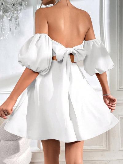 Chic Off-Shoulder Puff Sleeve Dress with Tie-Back Detail