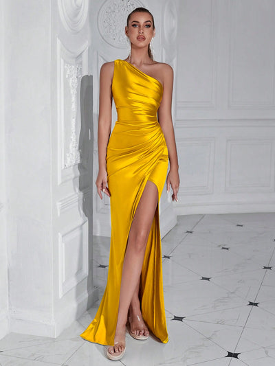 Sophisticated Glamour: Shoulder Pleated High Slit Cocktail Party Prom Dress