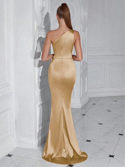 Sophisticated Glamour: Shoulder Pleated High Slit Cocktail Party Prom Dress