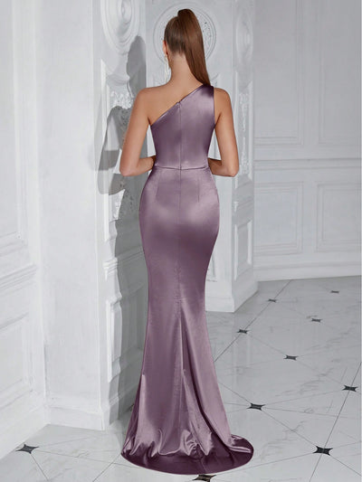 Sophisticated Glamour: Shoulder Pleated High Slit Cocktail Party Prom Dress