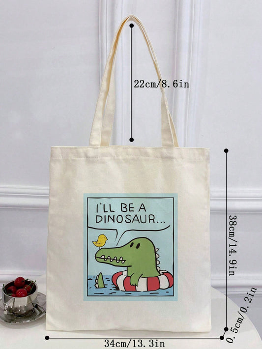 Chic Canvas Shoulder Bag: Cartoon Bird & Crocodile Print Tote for Stylish Women