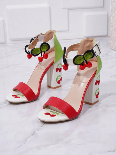 Cherry Embroidered Chunky Heel Sandals: Cute and Elegant Style for Outdoor Events