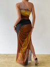 Gradient Goddess: Ruched Tulle Dress with High Slit and Asymmetric Collar