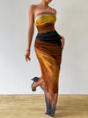 Gradient Goddess: Ruched Tulle Dress with High Slit and Asymmetric Collar