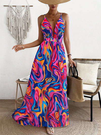 Vibrant Vacation Chic: Flower Printed Spaghetti Straps Backless Dress