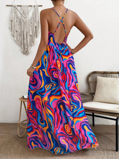 Vibrant Vacation Chic: Flower Printed Spaghetti Straps Backless Dress