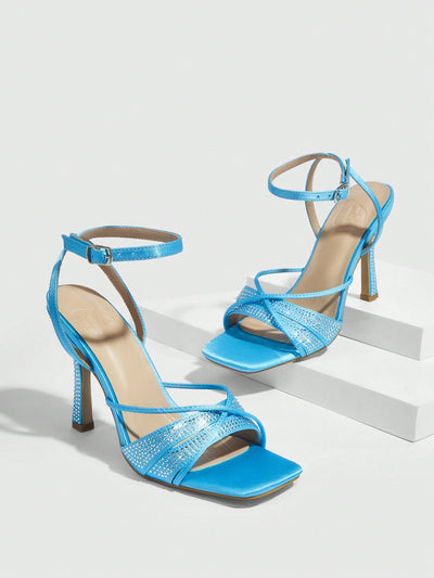 Sparkling Blue Eyes: Rhinestone-Embellished High Heeled Sandals for Women