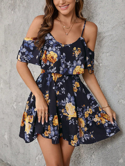 Romantic Flower Printed Off-The-Shoulder Ruffle Strap Summer Dress