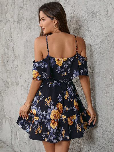 Romantic Flower Printed Off-The-Shoulder Ruffle Strap Summer Dress