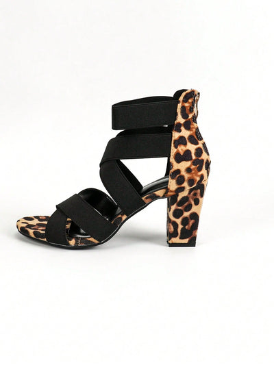 Trendy Multicolor Leopard Print Criss-Cross Gladiator Sandals with Chunky Heels for Women